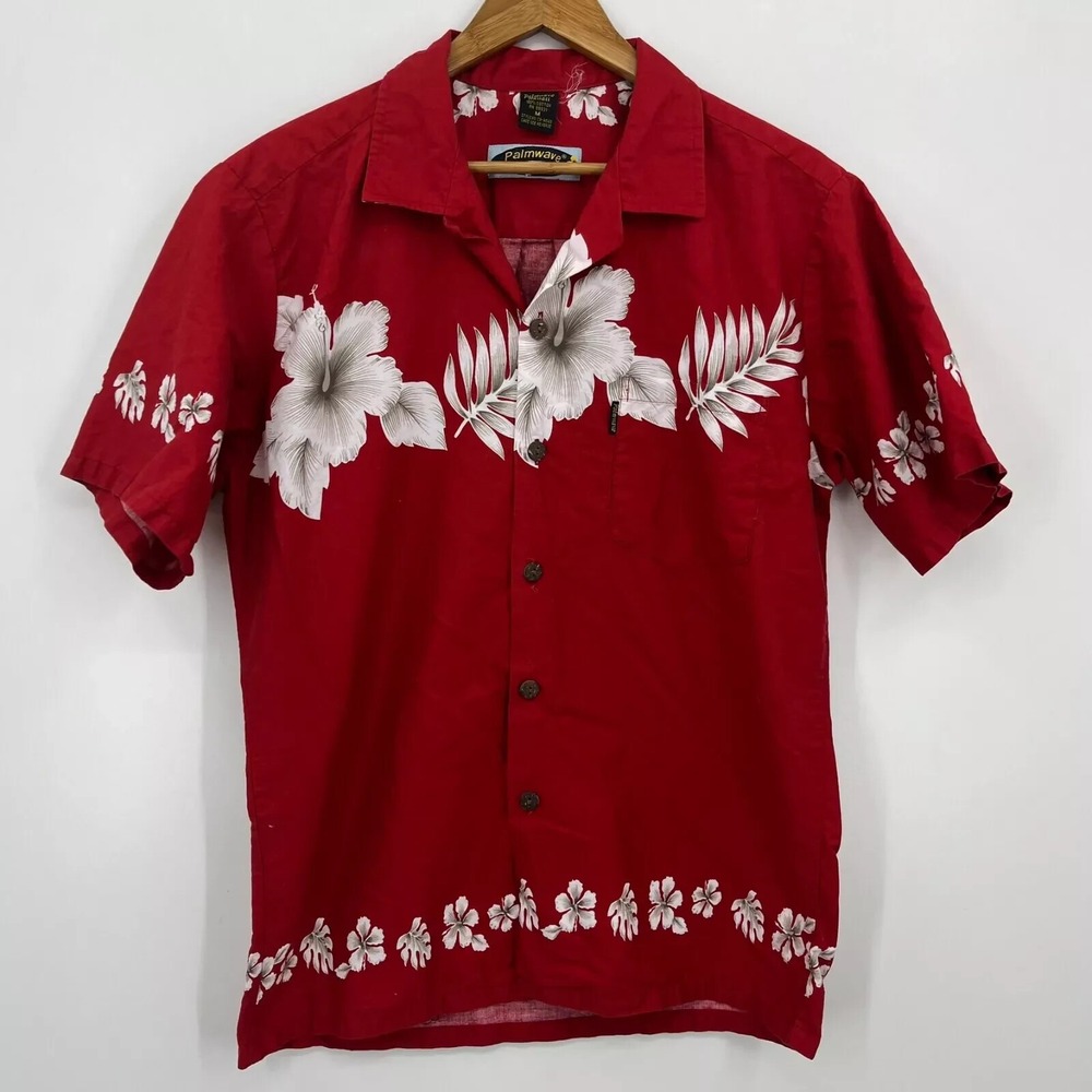 Palmwave Hawaii Mens Red Hibiscus Tropical Cotton Button Down Shirt Medium